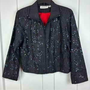 Anage Black Sequin Beaded Silk Women's Jacket Red Lining Size Small  f